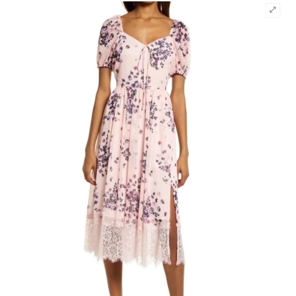 Chelsea28 Chiffon & Lace Midi Dress- Pink Creole Muse